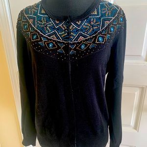 Sigrid Olsen Black And Blue Beaded Snap Front  Cardigan Size M